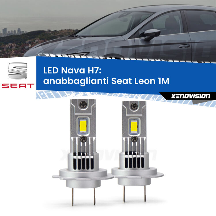 <strong>Anabbaglianti LED no-spie per Seat Leon</strong> 1M 1999 - 2006. Coppia lampade <strong>H7</strong> modello Nava canbus, raffreddate a ventola.