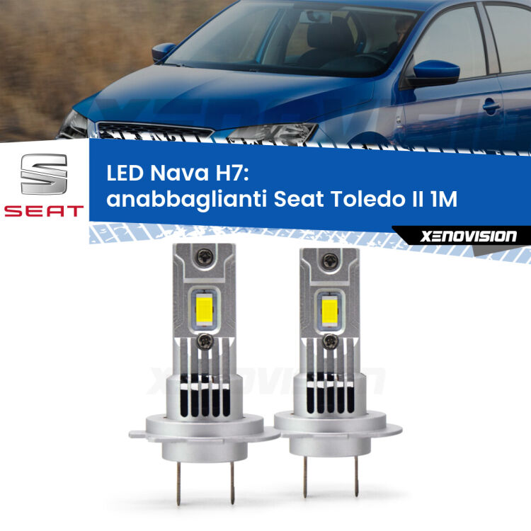 <strong>Anabbaglianti LED no-spie per Seat Toledo II</strong> 1M 1998 - 2006. Coppia lampade <strong>H7</strong> modello Nava canbus, raffreddate a ventola.