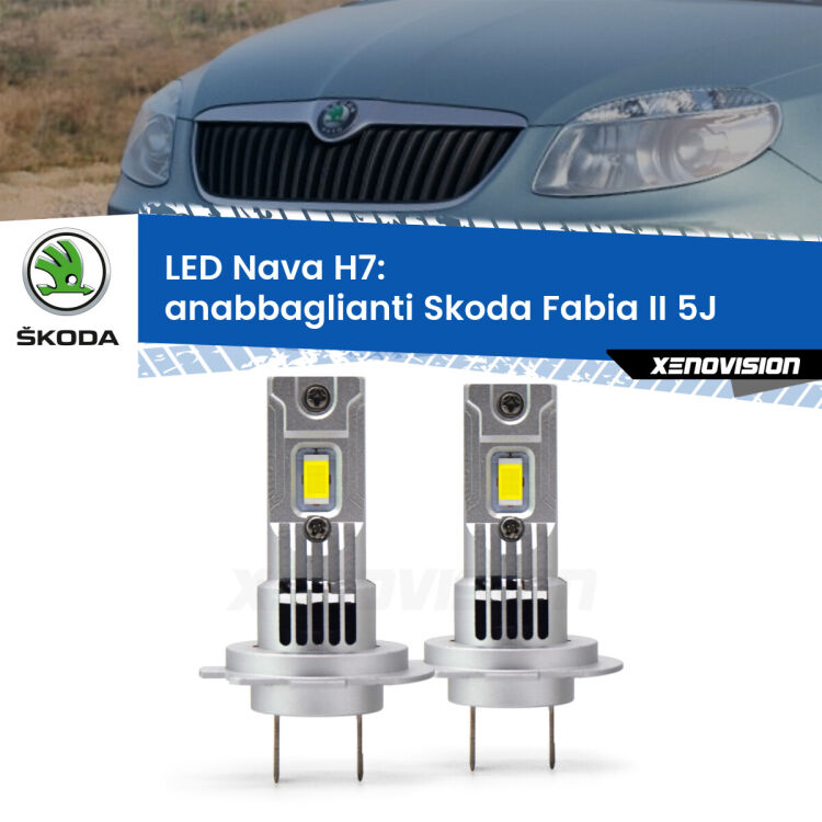 <strong>Anabbaglianti LED no-spie per Skoda Fabia II</strong> 5J fari lenticolari. Coppia lampade <strong>H7</strong> modello Nava canbus, raffreddate a ventola.