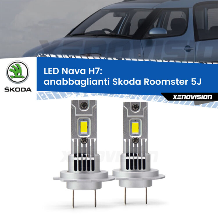 <strong>Anabbaglianti LED no-spie per Skoda Roomster</strong> 5J fari lenticolari. Coppia lampade <strong>H7</strong> modello Nava canbus, raffreddate a ventola.