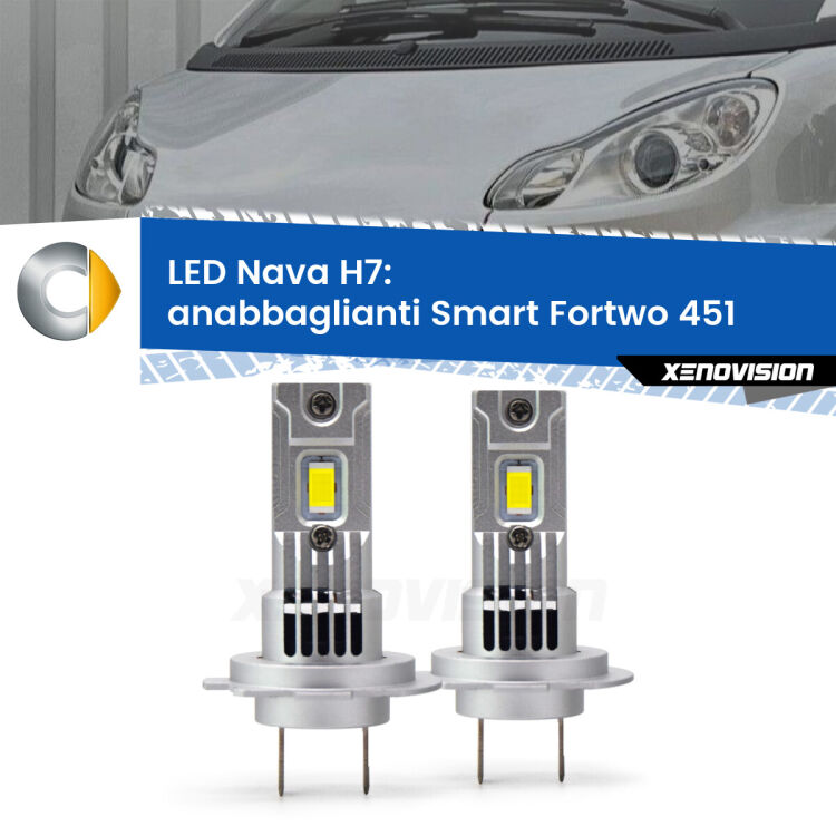 <strong>Anabbaglianti LED no-spie per Smart Fortwo</strong> 451 2007 - 2014. Coppia lampade <strong>H7</strong> modello Nava canbus, raffreddate a ventola.