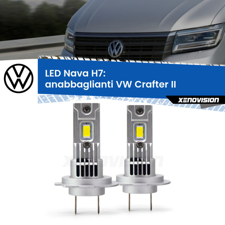 <strong>Anabbaglianti LED no-spie per VW Crafter</strong> II 2016 in poi. Coppia lampade <strong>H7</strong> modello Nava canbus, raffreddate a ventola.