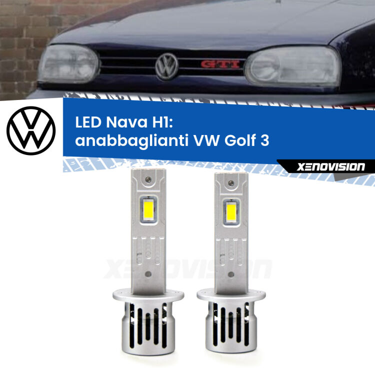 <strong>Anabbaglianti LED no-spie per VW Golf 3</strong>  a parabola doppia. Coppia lampade <strong> H1</strong> modello Nava canbus, raffreddate a ventola.