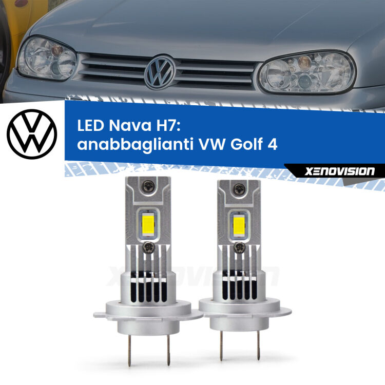 <strong>Anabbaglianti LED no-spie per VW Golf 4</strong>  1997 - 2005. Coppia lampade <strong>H7</strong> modello Nava canbus, raffreddate a ventola.