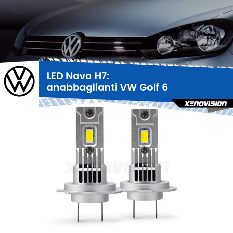 <strong>Anabbaglianti LED no-spie per VW Golf 6</strong>  restyling. Coppia lampade <strong>H7</strong> modello Nava canbus, raffreddate a ventola.