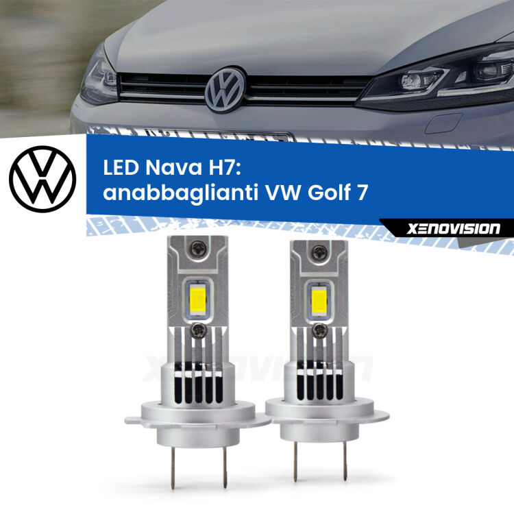 <strong>Anabbaglianti LED no-spie per VW Golf 7</strong>  2017 - 2019. Coppia lampade <strong>H7</strong> modello Nava canbus, raffreddate a ventola.