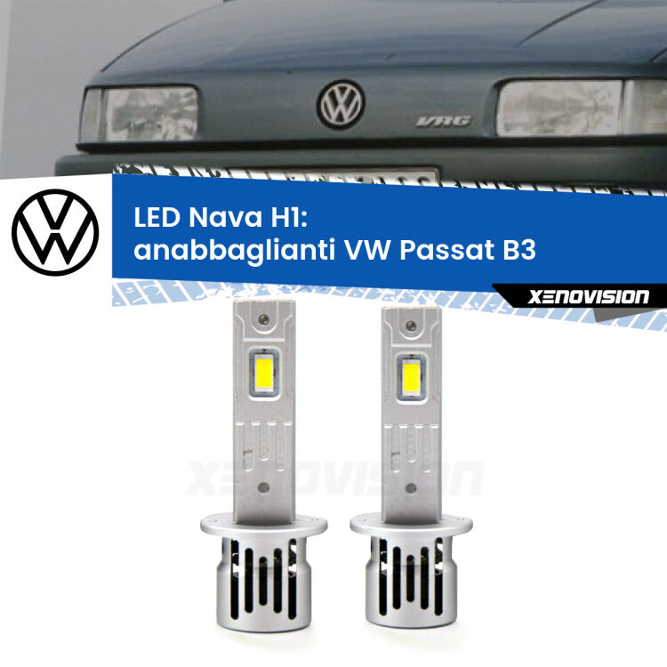 <strong>Anabbaglianti LED no-spie per VW Passat</strong> B3 a parabola doppia. Coppia lampade <strong> H1</strong> modello Nava canbus, raffreddate a ventola.