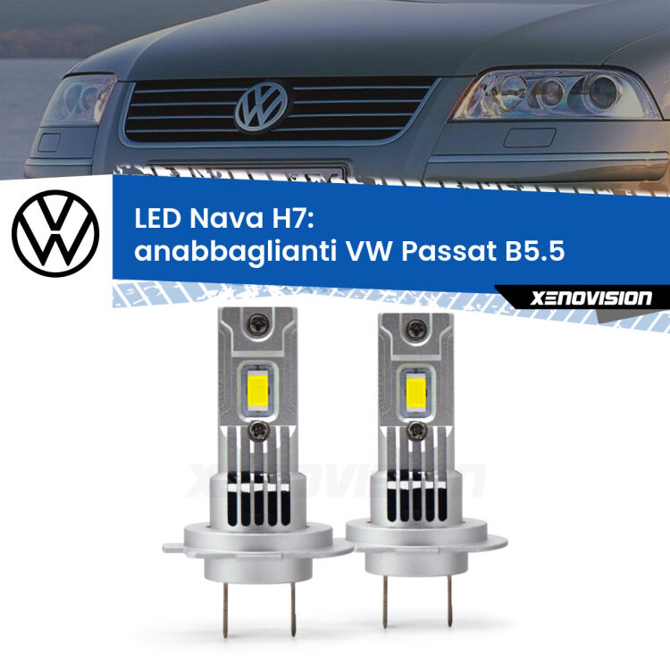 <strong>Anabbaglianti LED no-spie per VW Passat</strong> B5.5 2000 - 2005. Coppia lampade <strong>H7</strong> modello Nava canbus, raffreddate a ventola.