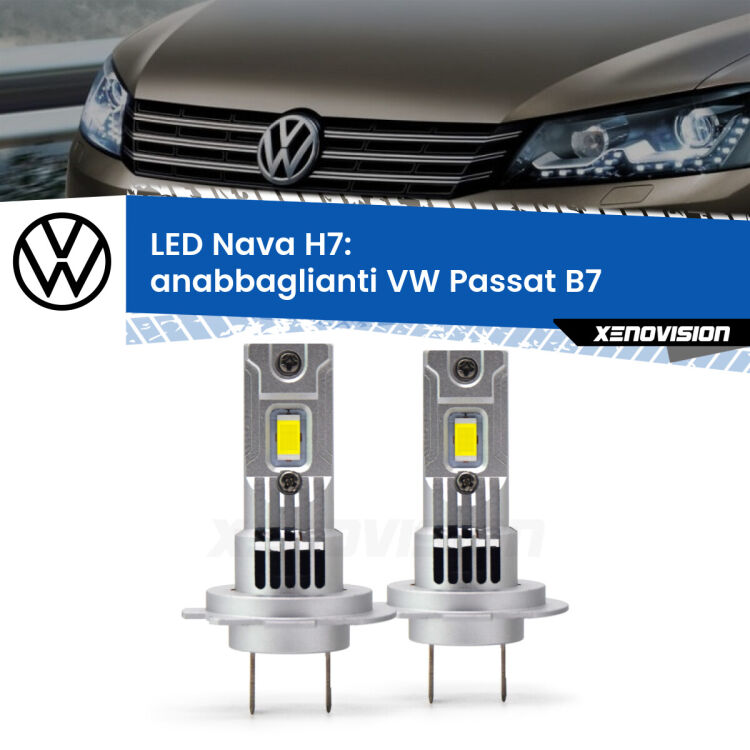 <strong>Anabbaglianti LED no-spie per VW Passat</strong> B7 2010 - 2014. Coppia lampade <strong>H7</strong> modello Nava canbus, raffreddate a ventola.