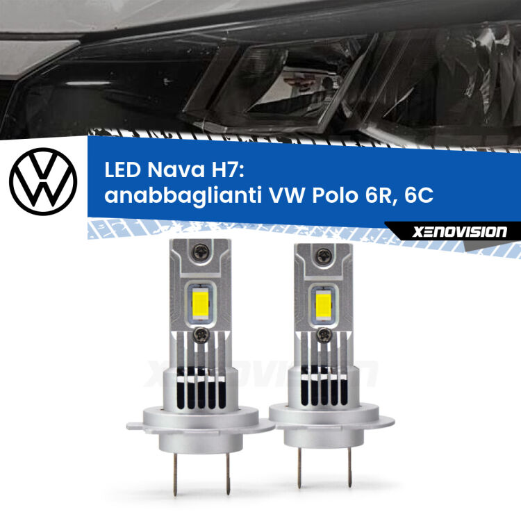 <strong>Anabbaglianti LED no-spie per VW Polo</strong> 6R, 6C a parabola squadrata. Coppia lampade <strong>H7</strong> modello Nava canbus, raffreddate a ventola.