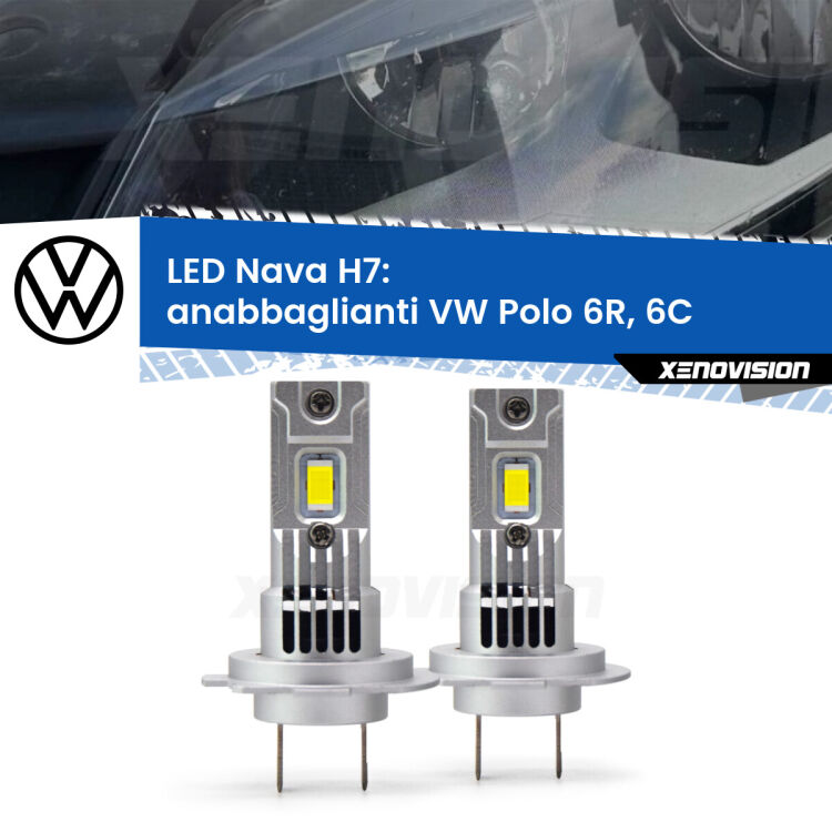 <strong>Anabbaglianti LED no-spie per VW Polo</strong> 6R, 6C a parabola tonda. Coppia lampade <strong>H7</strong> modello Nava canbus, raffreddate a ventola.