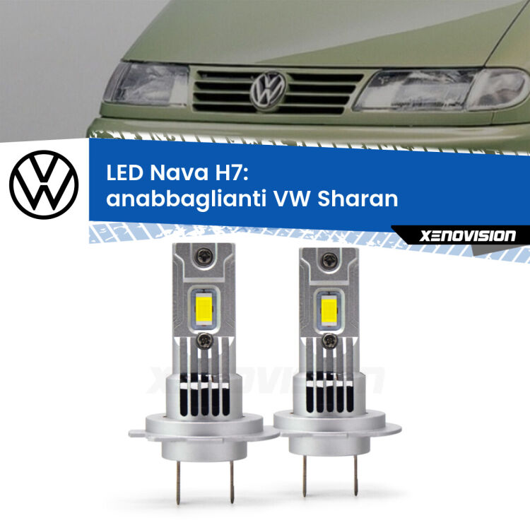 <strong>Anabbaglianti LED no-spie per VW Sharan</strong>  a parabola doppia. Coppia lampade <strong>H7</strong> modello Nava canbus, raffreddate a ventola.