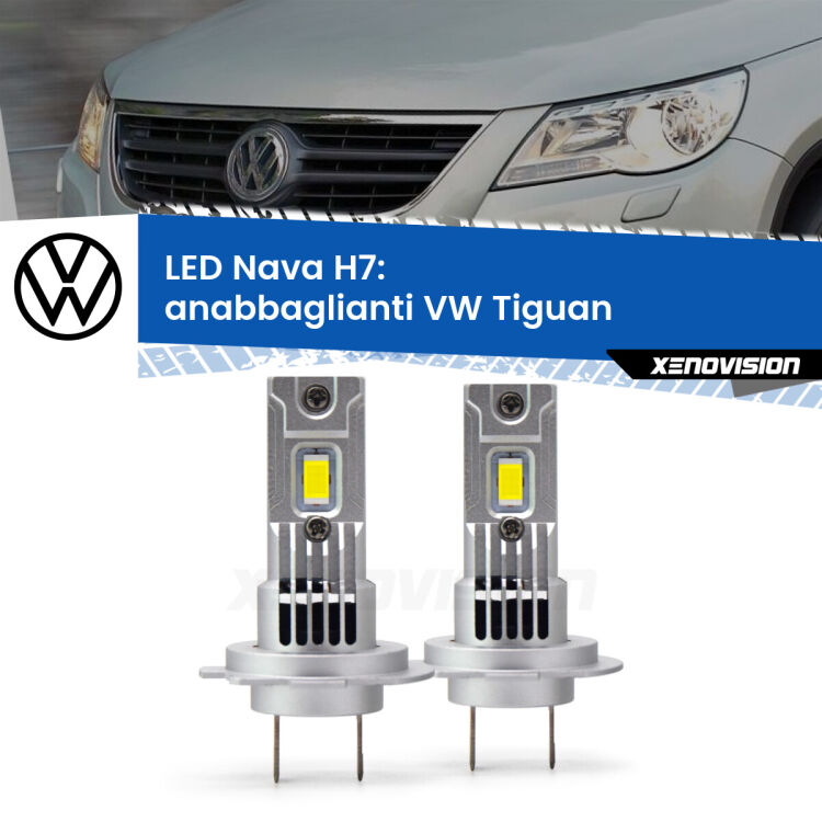 <strong>Anabbaglianti LED no-spie per VW Tiguan</strong>  restyling. Coppia lampade <strong>H7</strong> modello Nava canbus, raffreddate a ventola.