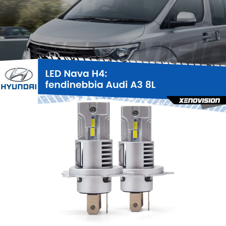 <strong>Anabbaglianti LED no-spie per Hyundai H1</strong> A1 1997 - 2000. Coppia lampade <strong>H4</strong> modello Nava canbus, raffreddate a ventola.