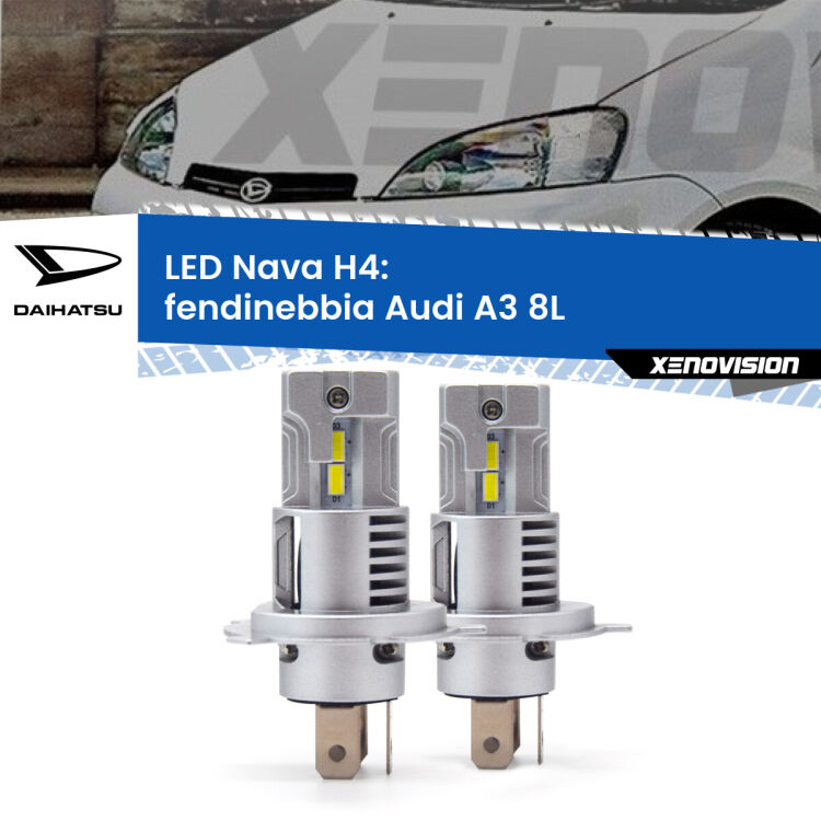 <strong>Anabbaglianti LED no-spie per Daihatsu YRV</strong>  2000 - 2005. Coppia lampade <strong>H4</strong> modello Nava canbus, raffreddate a ventola.