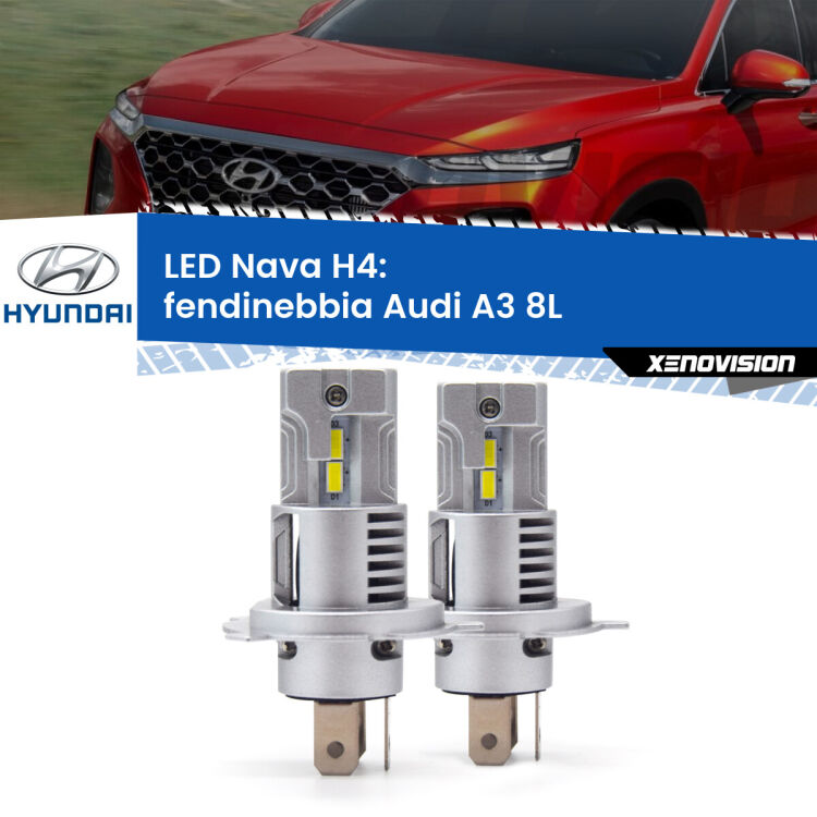 <strong>Anabbaglianti LED no-spie per Hyundai Santa FÉ II</strong> CM a parabola. Coppia lampade <strong>H4</strong> modello Nava canbus, raffreddate a ventola.