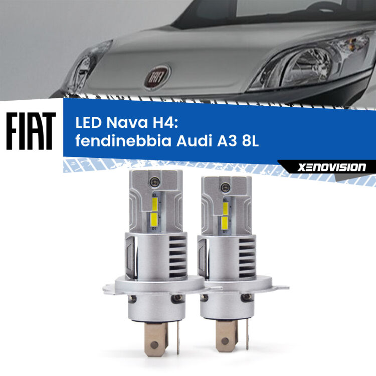 <strong>Anabbaglianti LED no-spie per Fiat Fiorino</strong> 225 2008 - 2021. Coppia lampade <strong>H4</strong> modello Nava canbus, raffreddate a ventola.