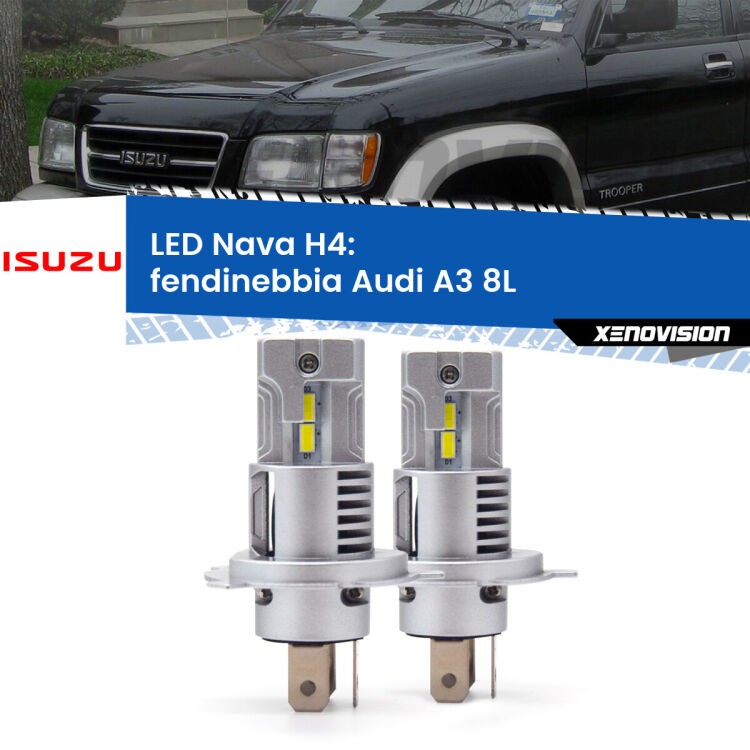 <strong>Anabbaglianti LED no-spie per Isuzu Trooper II</strong> Mk2 1991 - 2002. Coppia lampade <strong>H4</strong> modello Nava canbus, raffreddate a ventola.