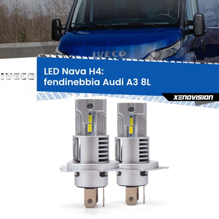 <strong>Anabbaglianti LED no-spie per Iveco Daily I</strong> MK1 1978 - 1999. Coppia lampade <strong>H4</strong> modello Nava canbus, raffreddate a ventola.