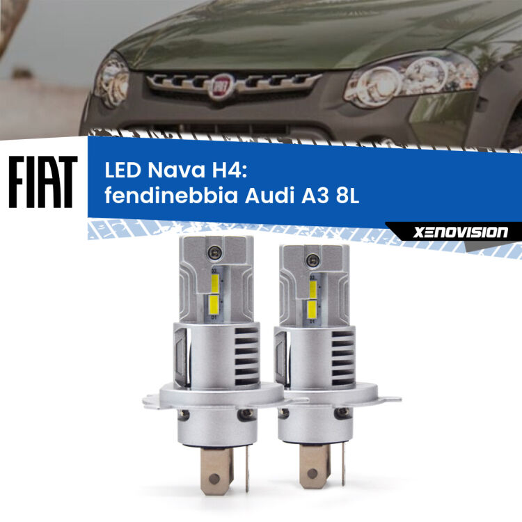 <strong>Anabbaglianti LED no-spie per Fiat Strada</strong>  a parabola singola. Coppia lampade <strong>H4</strong> modello Nava canbus, raffreddate a ventola.