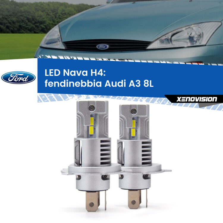 <strong>Anabbaglianti LED no-spie per Ford Focus</strong>  a parabola singola. Coppia lampade <strong>H4</strong> modello Nava canbus, raffreddate a ventola.