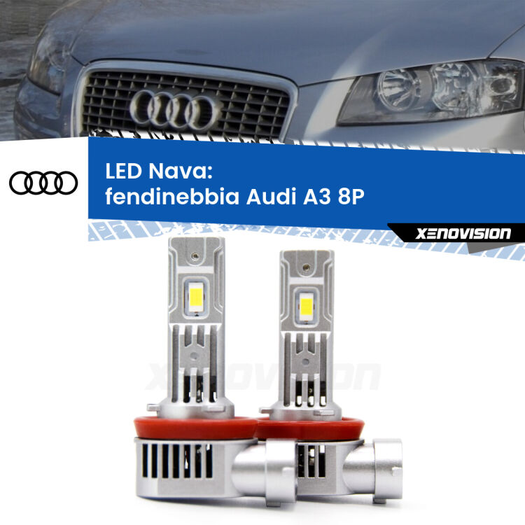 <strong>Fendinebbia LED no-spie per Audi A3</strong> 8P 2008 - 2012. Coppia lampade <strong>H11</strong>/H9/H8/H16(JP) modello Nava canbus, raffreddate a ventola.