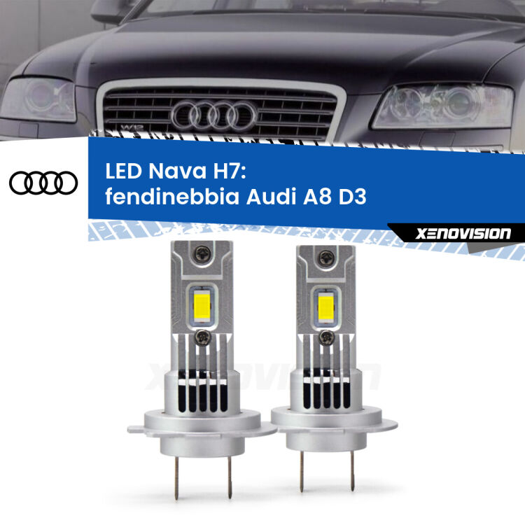 <strong>Fendinebbia LED no-spie per Audi A8</strong> D3 2005 - 2009. Coppia lampade <strong>H7</strong> modello Nava canbus, raffreddate a ventola.