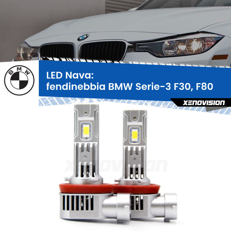 <strong>Fendinebbia LED no-spie per BMW Serie-3</strong> F30, F80 2012 - 2019. Coppia lampade <strong>H11</strong>/H9/H8/H16(JP) modello Nava canbus, raffreddate a ventola.