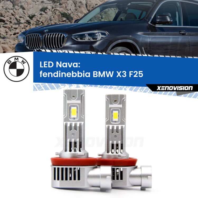 <strong>Fendinebbia LED no-spie per BMW X3</strong> F25 2010 - 2016. Coppia lampade <strong>H11</strong>/H9/H8/H16(JP) modello Nava canbus, raffreddate a ventola.