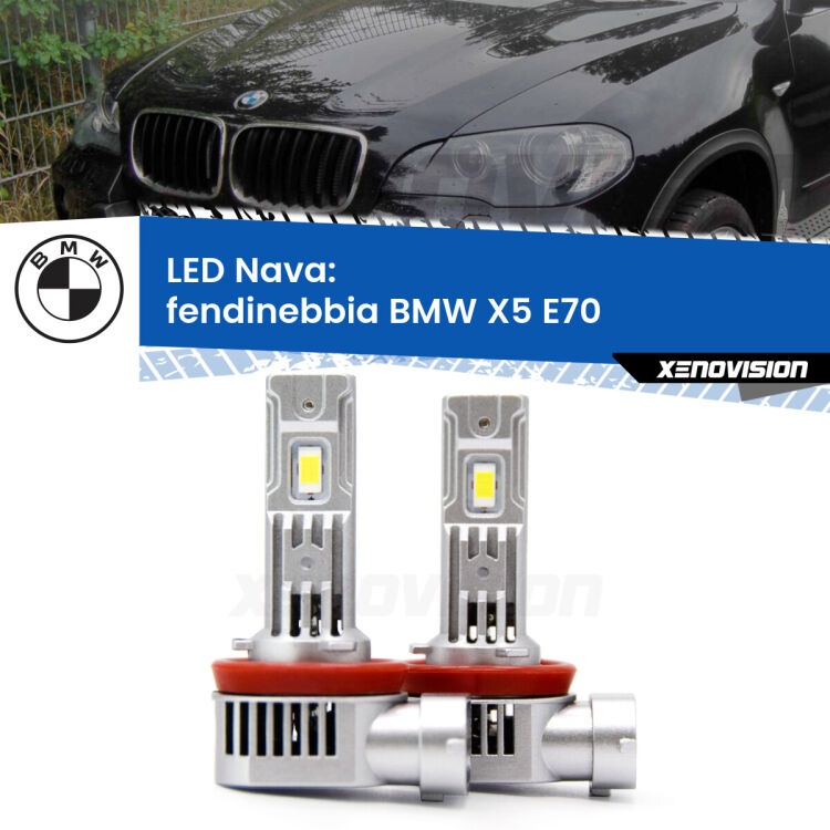 <strong>Fendinebbia LED no-spie per BMW X5</strong> E70 2006 - 2013. Coppia lampade <strong>H11</strong>/H9/H8/H16(JP) modello Nava canbus, raffreddate a ventola.