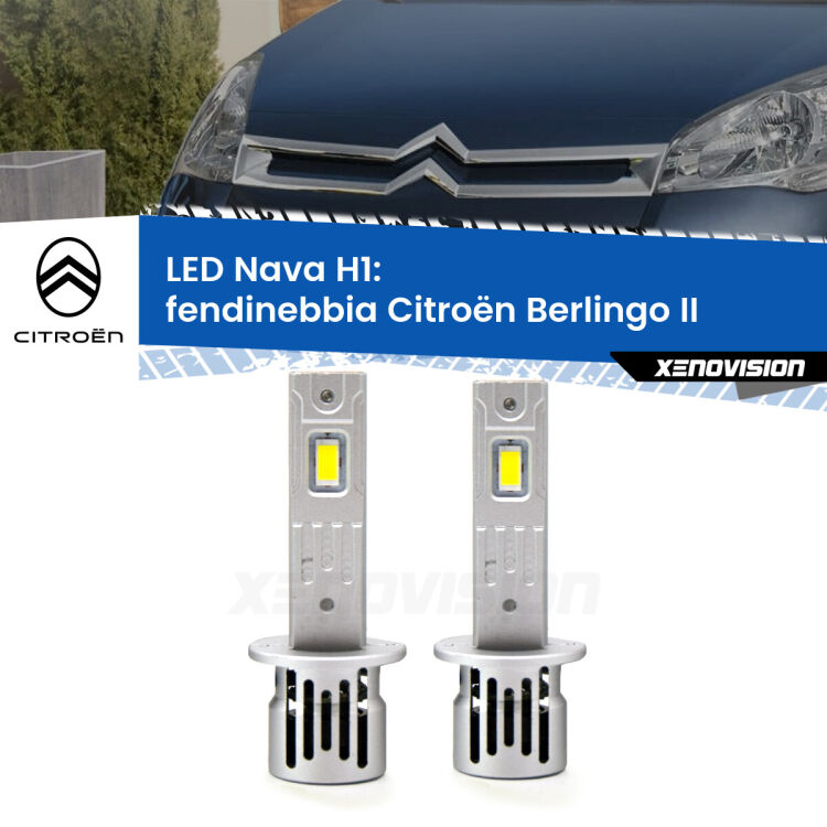 <strong>Fendinebbia LED no-spie per Citroën Berlingo</strong> II senza luci svolta. Coppia lampade <strong> H1</strong> modello Nava canbus, raffreddate a ventola.