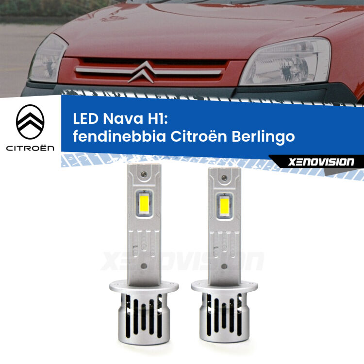 <strong>Fendinebbia LED no-spie per Citroën Berlingo</strong>  senza luci svolta. Coppia lampade <strong> H1</strong> modello Nava canbus, raffreddate a ventola.