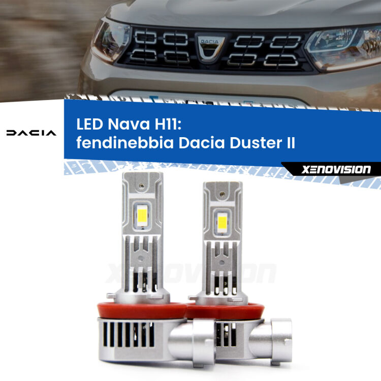 <strong>Fendinebbia LED no-spie per Dacia Duster</strong> II 2017 in poi. Coppia lampade <strong>H11</strong> modello Nava canbus, raffreddate a ventola.