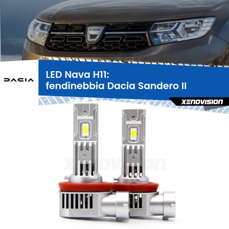 <strong>Fendinebbia LED no-spie per Dacia Sandero II</strong>  2012 in poi. Coppia lampade <strong>H11</strong> modello Nava canbus, raffreddate a ventola.