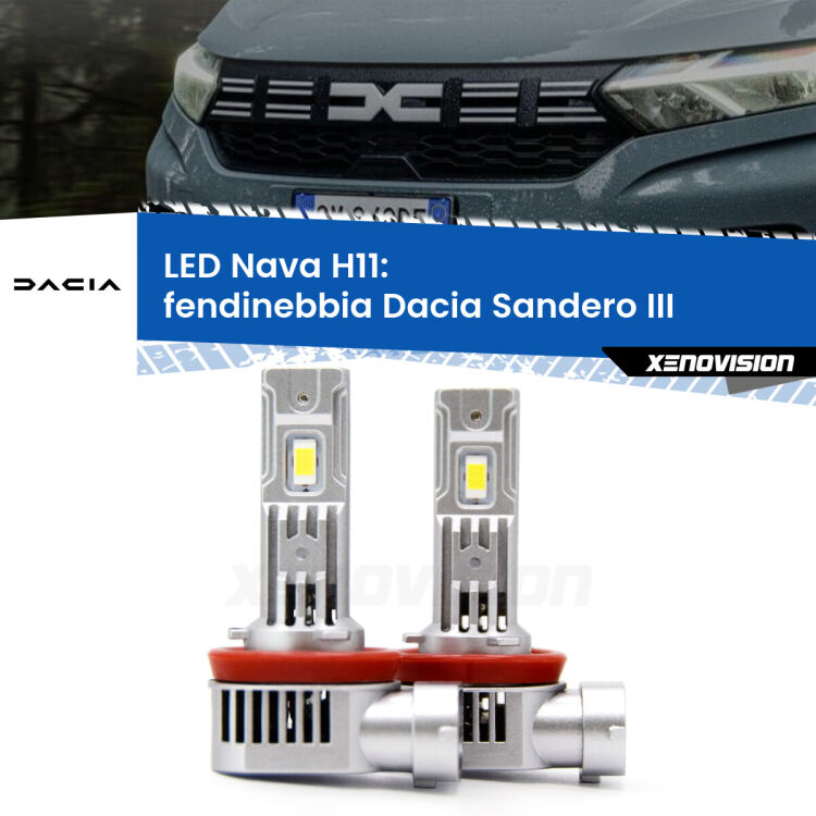 <strong>Fendinebbia LED no-spie per Dacia Sandero III</strong>  2020 in poi. Coppia lampade <strong>H11</strong> modello Nava canbus, raffreddate a ventola.