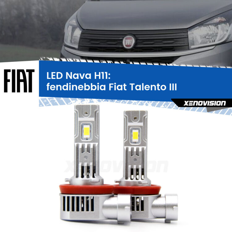 <strong>Fendinebbia LED no-spie per Fiat Talento</strong> III con luci svolta. Coppia lampade <strong>H11</strong>/H9/H8/H16(JP) modello Nava canbus, raffreddate a ventola.