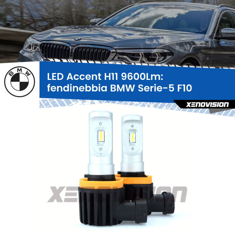 FINE SERIE: NO GARANZIA <strong>Kit LED Fendinebbia per BMW Serie-5</strong> F10 2010 - 2016.</strong> Coppia lampade <strong>H11</strong> senza ventola e ultracompatte per installazioni in fari senza spazi.