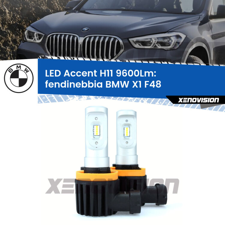 FINE SERIE: NO GARANZIA <strong>Kit LED Fendinebbia per BMW X1</strong> F48 2016 - 2021.</strong> Coppia lampade <strong>H11</strong> senza ventola e ultracompatte per installazioni in fari senza spazi.