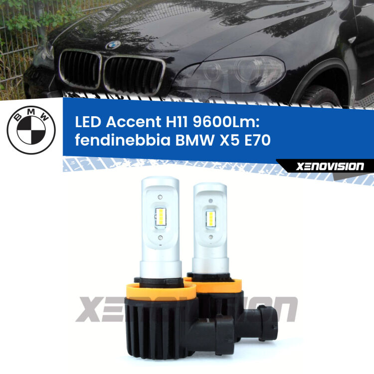 FINE SERIE: NO GARANZIA <strong>Kit LED Fendinebbia per BMW X5</strong> E70 2006 - 2013.</strong> Coppia lampade <strong>H11</strong> senza ventola e ultracompatte per installazioni in fari senza spazi.