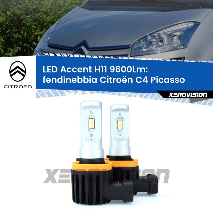 FINE SERIE: NO GARANZIA <strong>Kit LED Fendinebbia per Citroën C4 Picasso</strong>  2006 - 2013.</strong> Coppia lampade <strong>H11</strong> senza ventola e ultracompatte per installazioni in fari senza spazi.