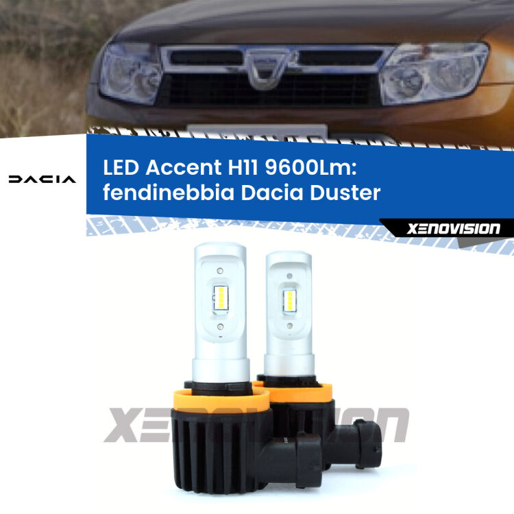 FINE SERIE: NO GARANZIA <strong>Kit LED Fendinebbia per Dacia Duster</strong>  2013 - 2016.</strong> Coppia lampade <strong>H11</strong> senza ventola e ultracompatte per installazioni in fari senza spazi.