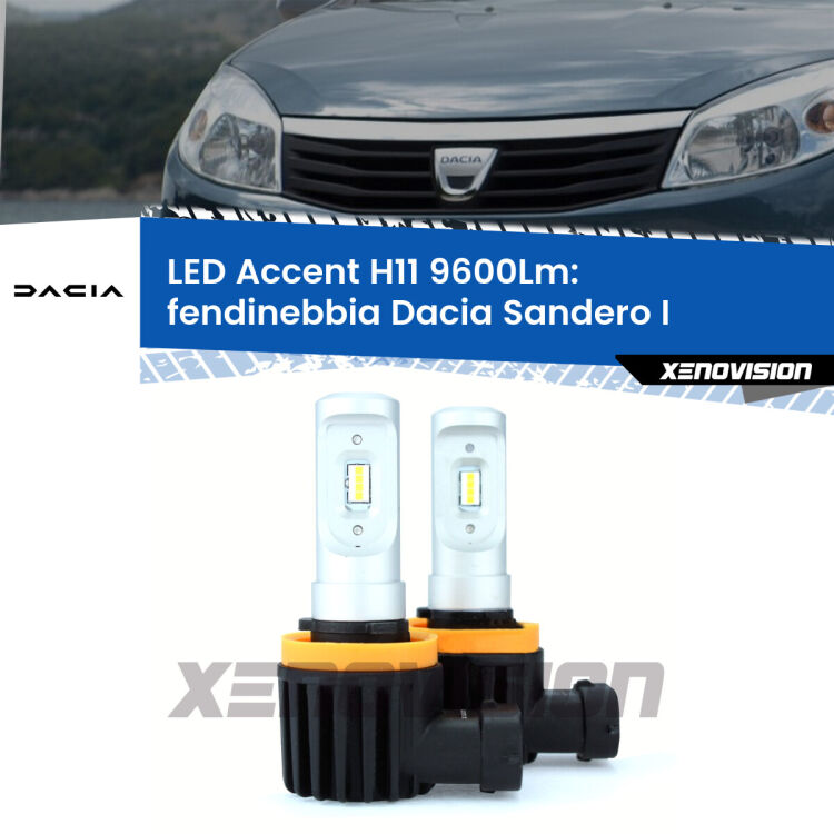 FINE SERIE: NO GARANZIA <strong>Kit LED Fendinebbia per Dacia Sandero I</strong>  2008 - 2012.</strong> Coppia lampade <strong>H11</strong> senza ventola e ultracompatte per installazioni in fari senza spazi.