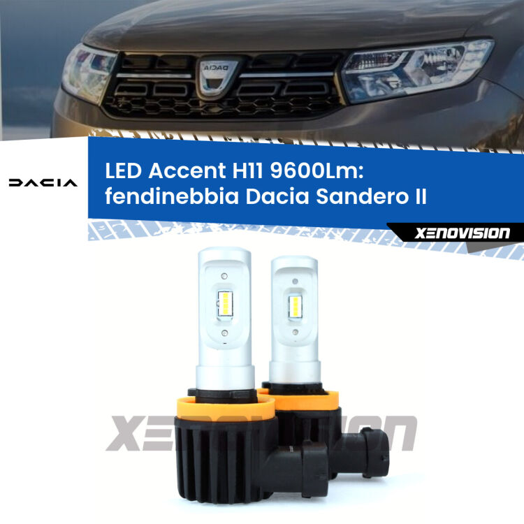 FINE SERIE: NO GARANZIA <strong>Kit LED Fendinebbia per Dacia Sandero II</strong>  2012 in poi.</strong> Coppia lampade <strong>H11</strong> senza ventola e ultracompatte per installazioni in fari senza spazi.