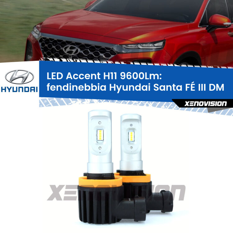 FINE SERIE: NO GARANZIA <strong>Kit LED Fendinebbia per Hyundai Santa FÉ III</strong> DM 2012 - 2015.</strong> Coppia lampade <strong>H11</strong> senza ventola e ultracompatte per installazioni in fari senza spazi.