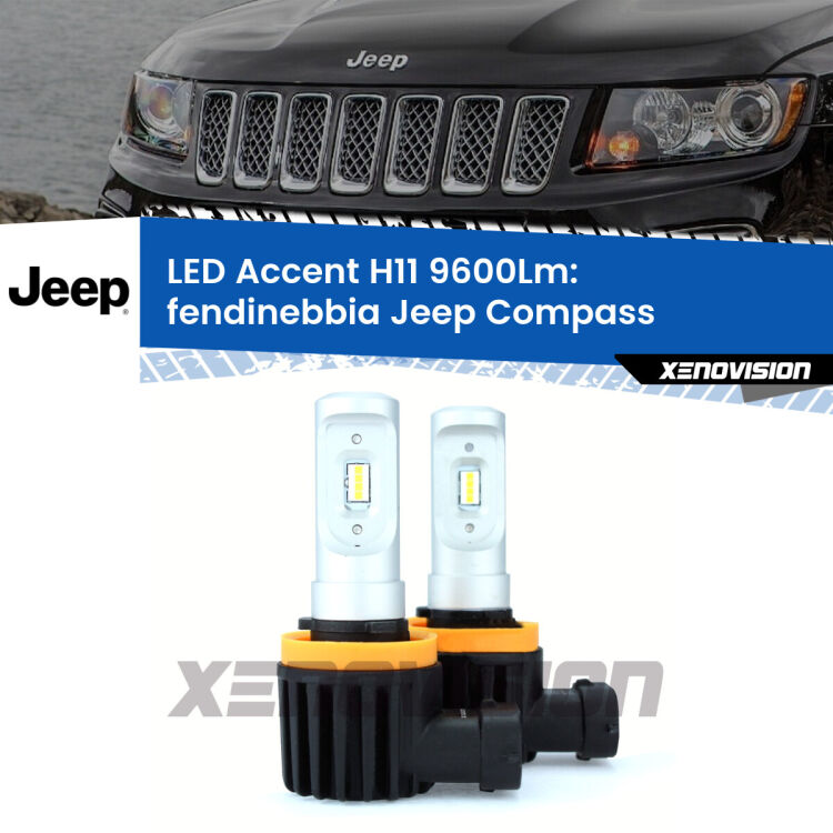 FINE SERIE: NO GARANZIA <strong>Kit LED Fendinebbia per Jeep Compass</strong>  2011 - 2016.</strong> Coppia lampade <strong>H11</strong> senza ventola e ultracompatte per installazioni in fari senza spazi.