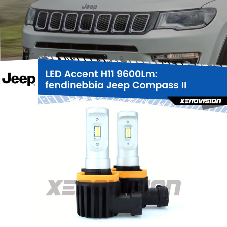 FINE SERIE: NO GARANZIA <strong>Kit LED Fendinebbia per Jeep Compass</strong> II 2017 in poi.</strong> Coppia lampade <strong>H11</strong> senza ventola e ultracompatte per installazioni in fari senza spazi.