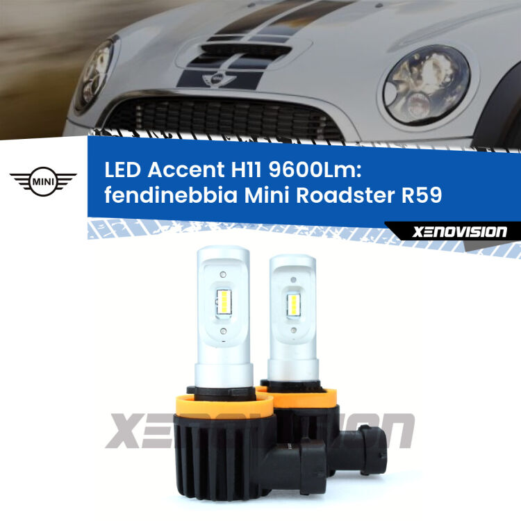 FINE SERIE: NO GARANZIA <strong>Kit LED Fendinebbia per Mini Roadster</strong> R59 2012 - 2015.</strong> Coppia lampade <strong>H11</strong> senza ventola e ultracompatte per installazioni in fari senza spazi.