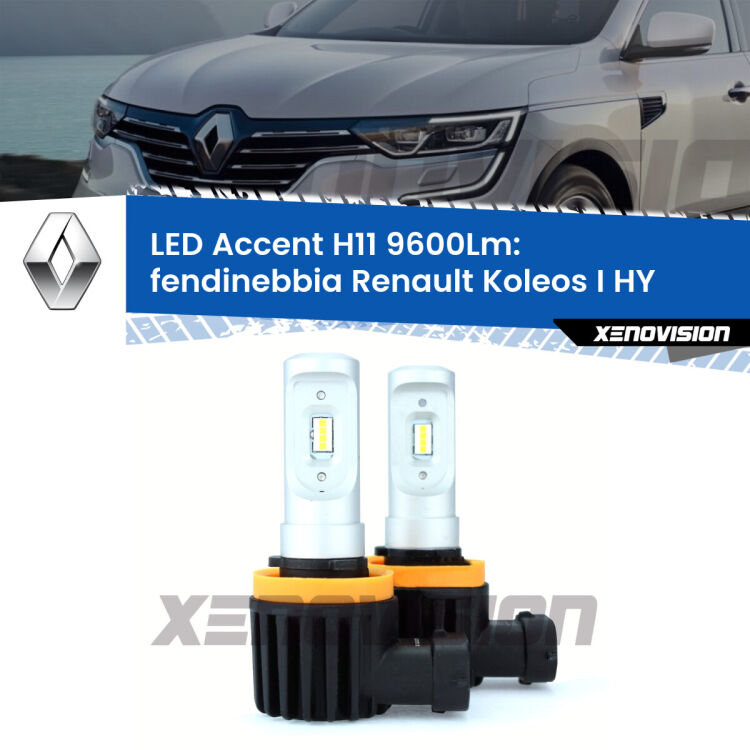 FINE SERIE: NO GARANZIA <strong>Kit LED Fendinebbia per Renault Koleos I</strong> HY 2006 - 2015.</strong> Coppia lampade <strong>H11</strong> senza ventola e ultracompatte per installazioni in fari senza spazi.