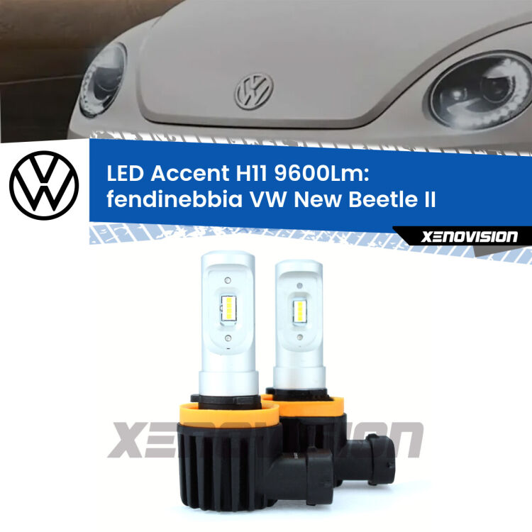 FINE SERIE: NO GARANZIA <strong>Kit LED Fendinebbia per VW New Beetle</strong> II 2011 - 2019.</strong> Coppia lampade <strong>H11</strong> senza ventola e ultracompatte per installazioni in fari senza spazi.