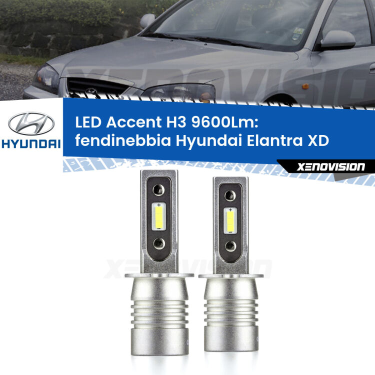 <strong>Kit LED Fendinebbia per Hyundai Elantra</strong> XD 2000 - 2006.</strong> Coppia lampade <strong>H3</strong> senza ventola e ultracompatte per installazioni in fari senza spazi.